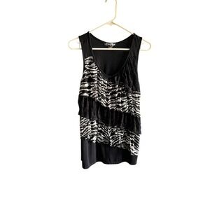 Lena Zebra Print Ruffle Tank Top Black Sleeveless Casual Blouse - Women's